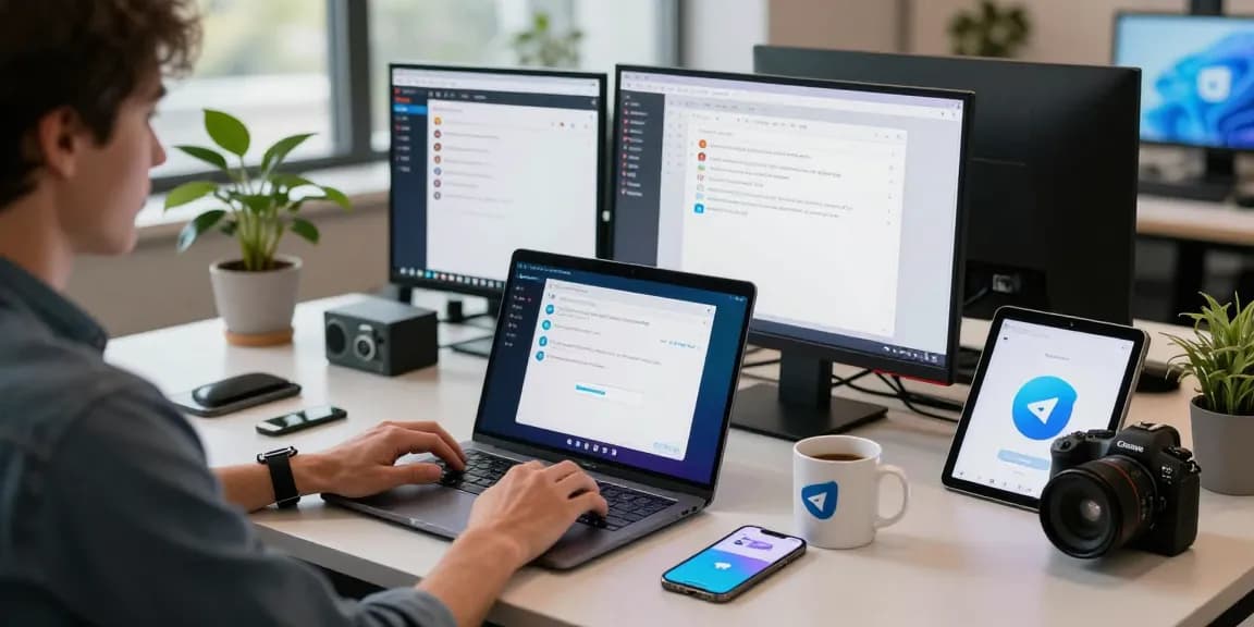 Download Telegram app interface displayed on a laptop in a modern workspace