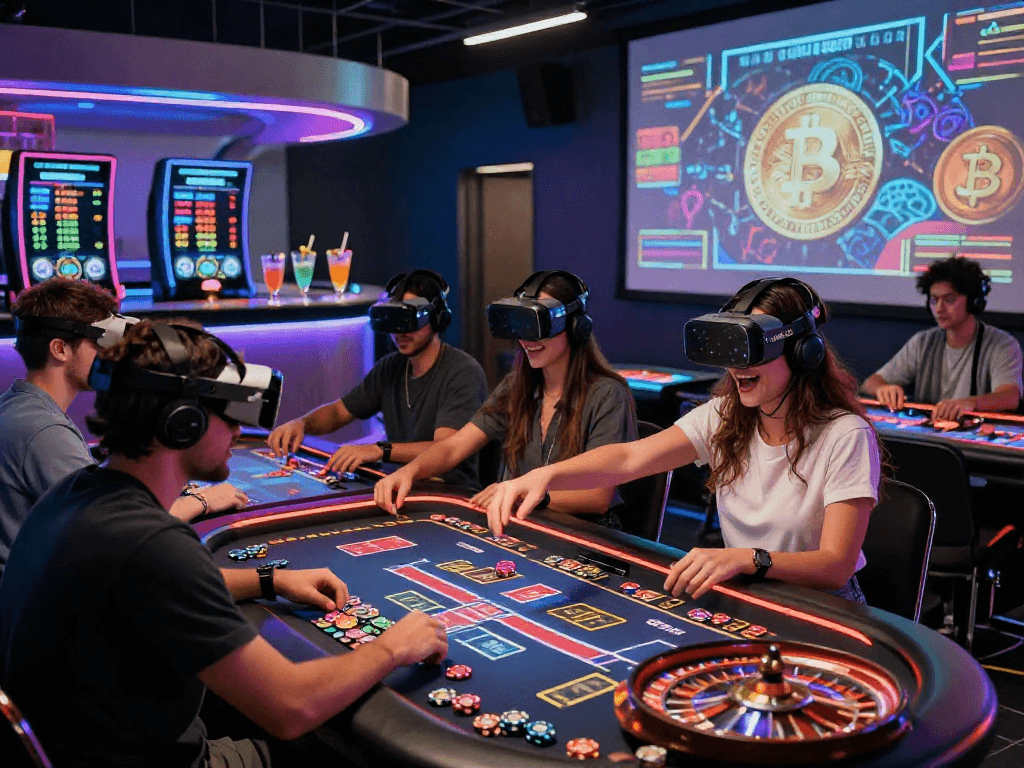 Exciting crypto casino scene with players enjoying interactive games and vibrant virtual reality interfaces.