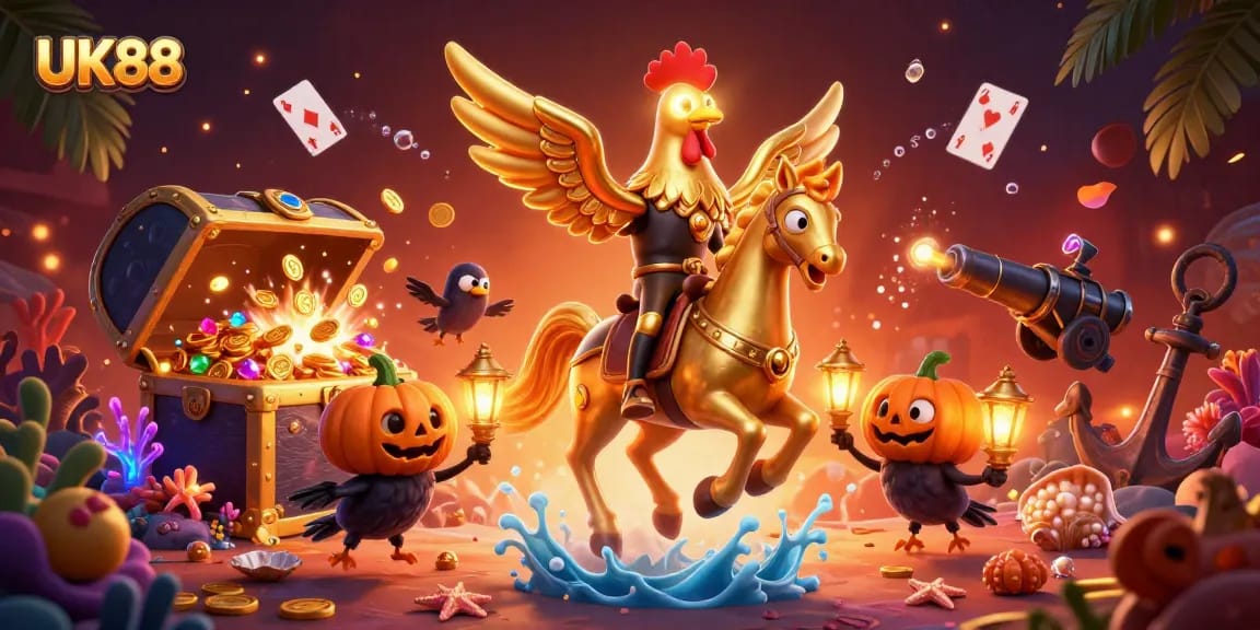 Experience the excitement of UK88's vibrant casino scene with interactive characters and treasures.