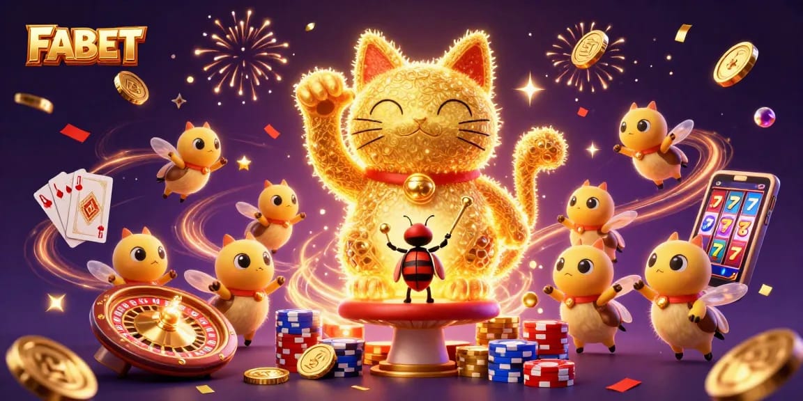 FABET showcases a vibrant scene with luck-themed characters and casino elements, enhancing player excitement.