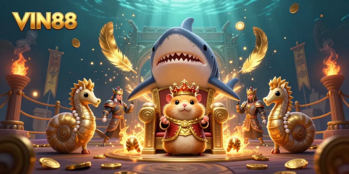 Engage with thrilling games at VIN88, featuring a fierce golden hamster king ruling the underwater casino.