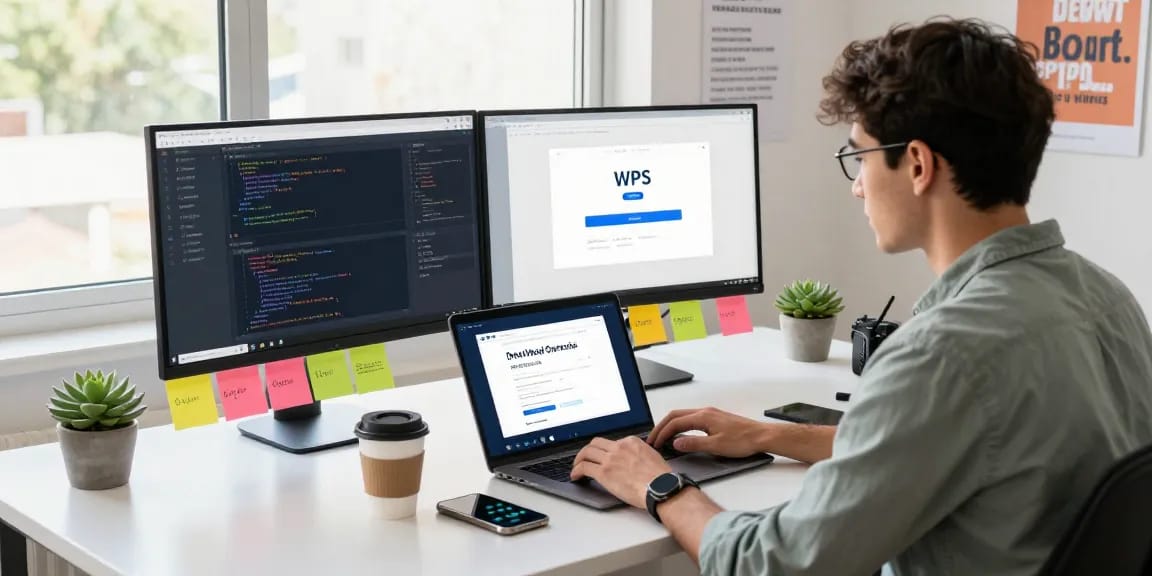 WPS Download in a modern workspace with a laptop and productivity tools.