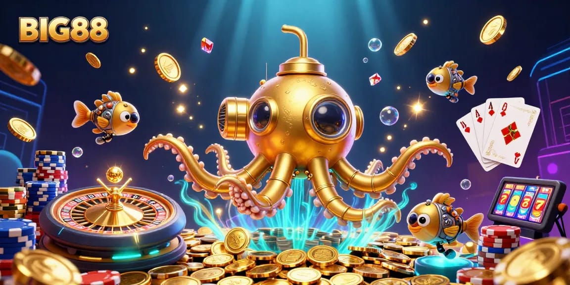 Engage in thrilling games at BIG88, featuring dynamic visuals of a golden kraken submarine amidst a sea of coins.