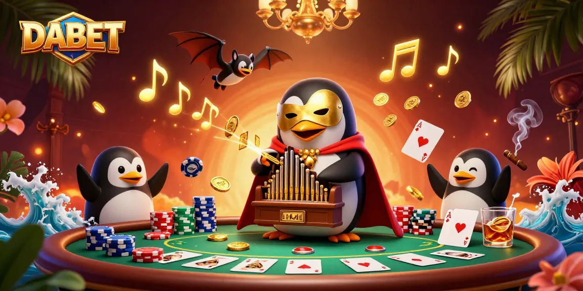 DABET ignites excitement with a phantom opera penguin playing a golden organ in a dazzling casino scene.