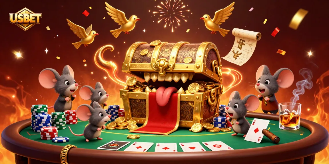 Engage with USBET's stunning 3D casino scene featuring a treasure chest, poker elements, and celebratory confetti.