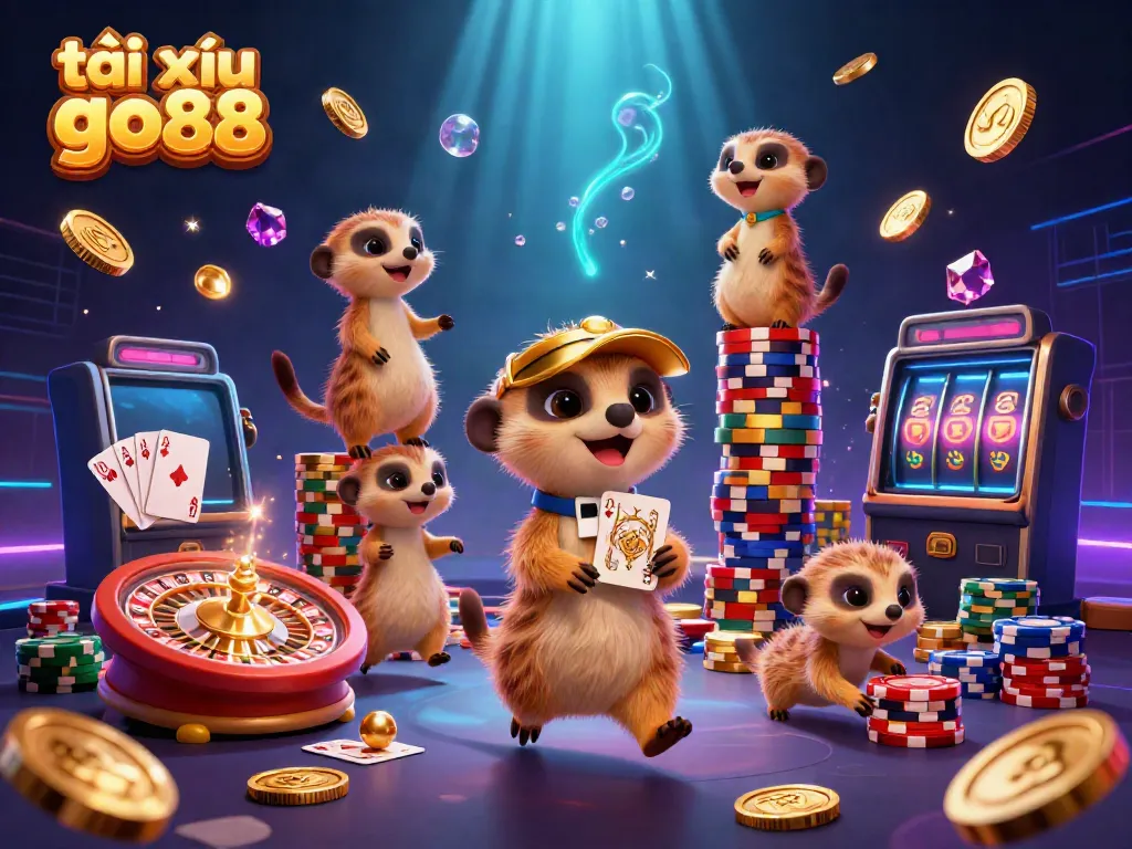 Experience the thrill of tài xỉu go88 with playful meerkats in a vibrant casino setting.