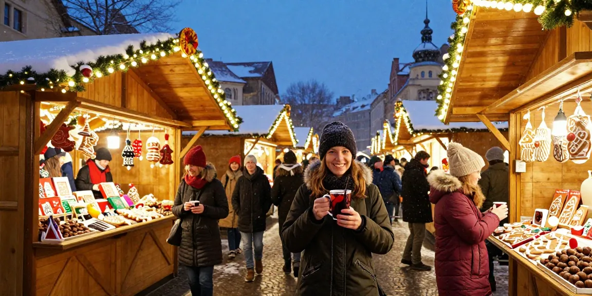 Julmarknader Europa med festliga stämningar och juldekorationer i en nordisk miljö.