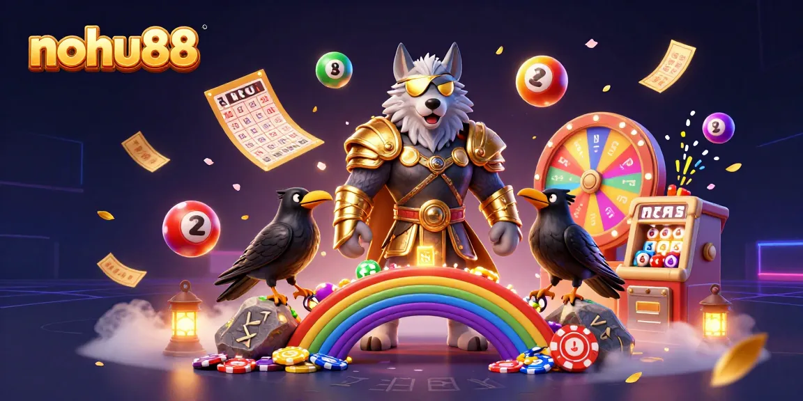Nohu88 features an Odin wolf character with ravens surrounded by dynamic lottery elements.