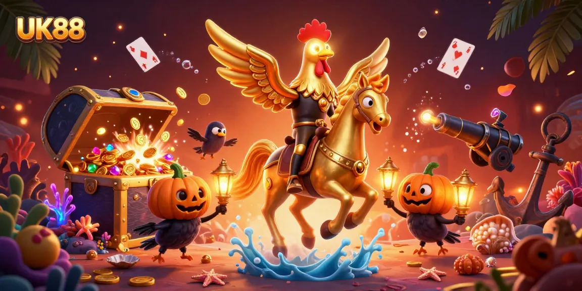Experience the excitement of UK88's vibrant casino scene with interactive characters and treasures.