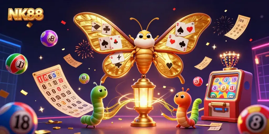 Engage with NK88's vibrant casino world filled with gold and colorful games.
