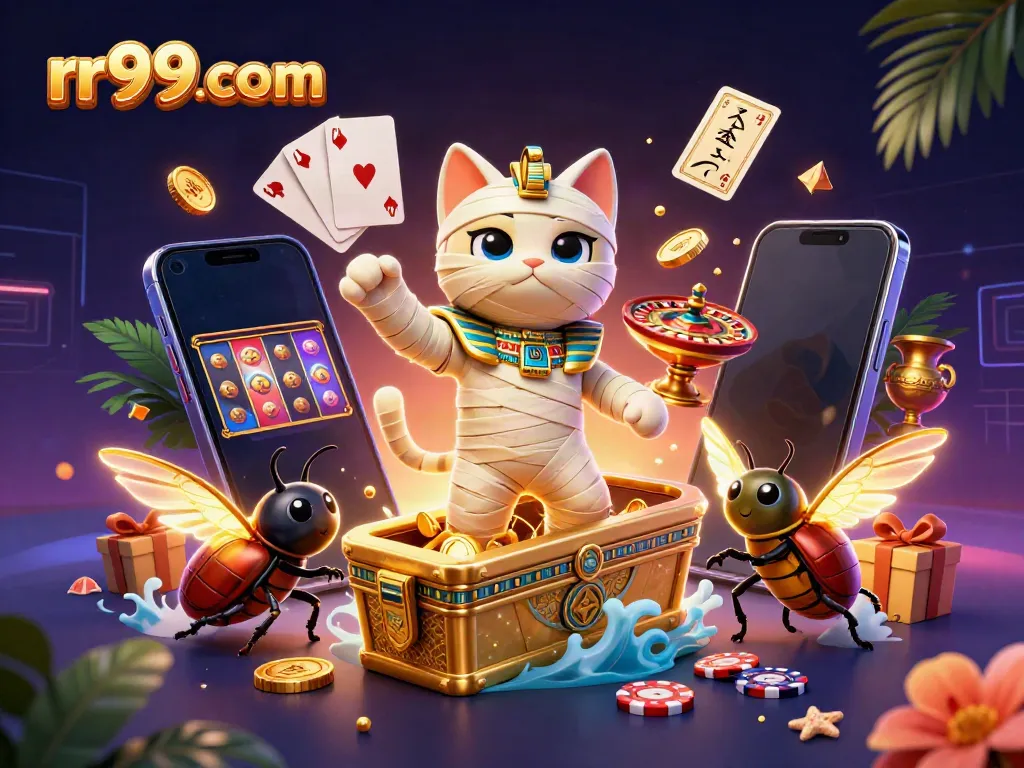 Engage with thrilling games at rr99 com featuring a mummy cat and neon casino elements