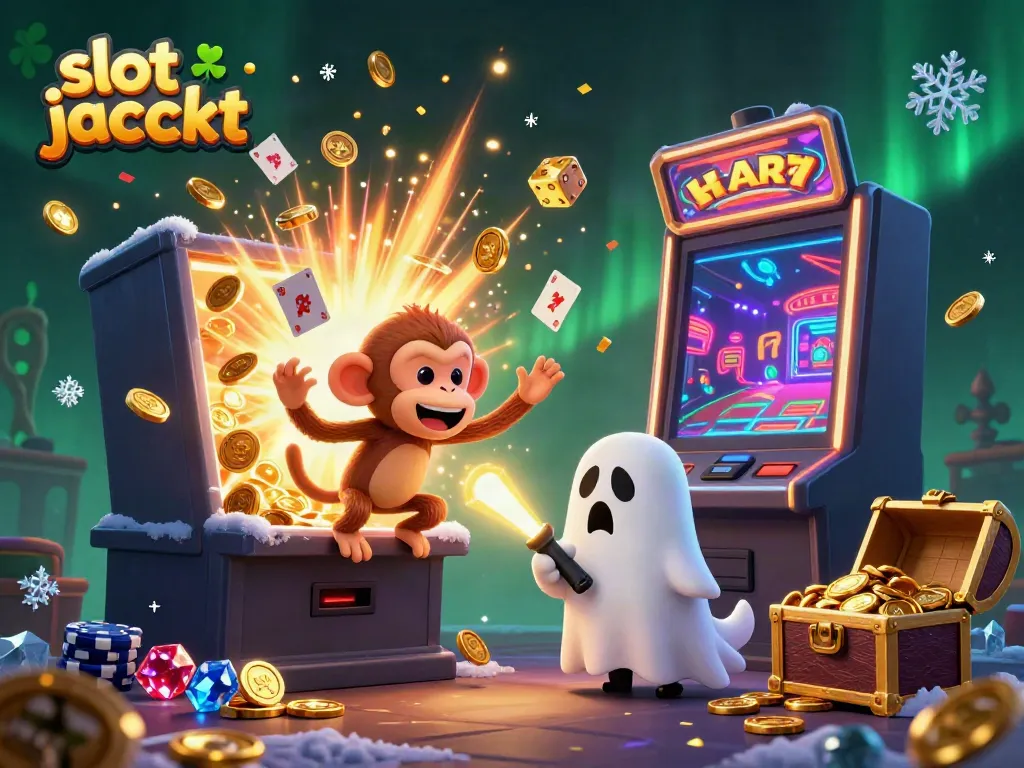 Experience the thrill of the slot jackpot as a ghost-hunter puppy chases an invisible monkey amidst a jackpot explosion.