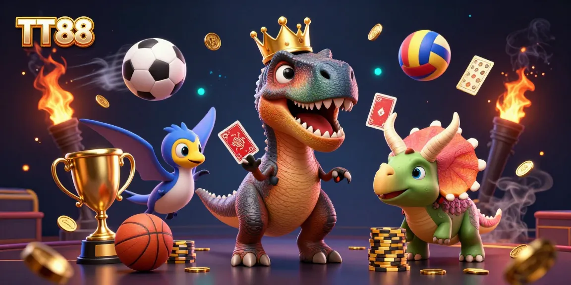 TT88 brings an engaging casino atmosphere with playful characters shuffling cards and stacking chips.