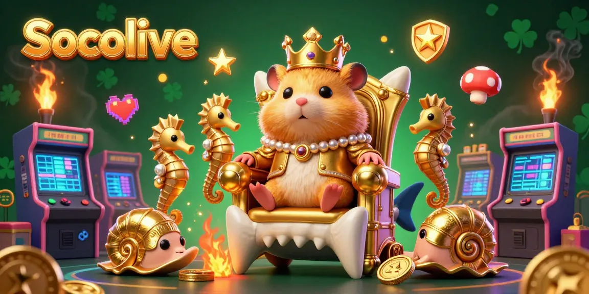 Socolive emanates excitement with a golden hamster king on a megalodon throne amidst vibrant arcade gaming elements.