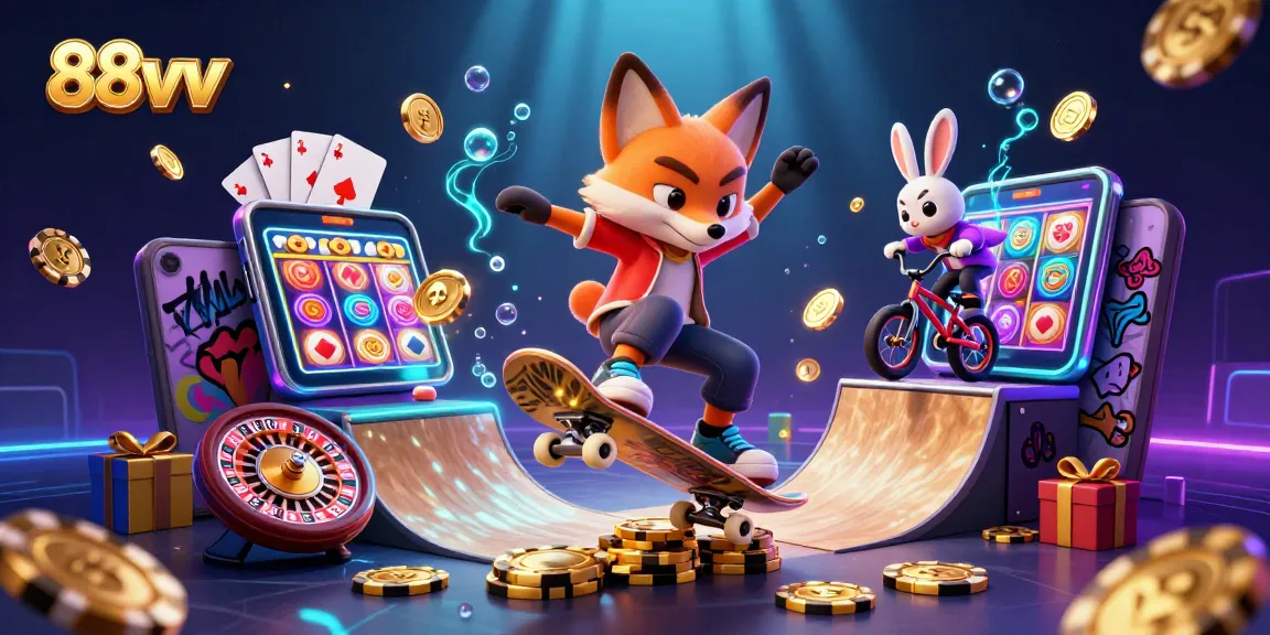 Engage with entertainment at 88vv as a cartoon fox performs tricks over golden poker chips.