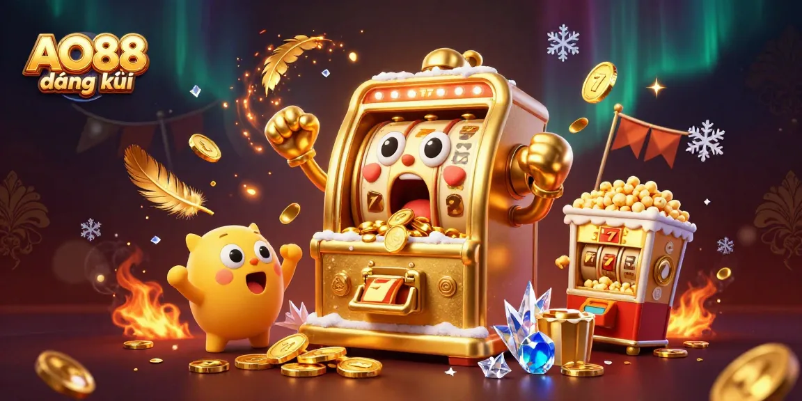 Experience AO88 đăng ký with a lively scene of golden slot machines winning jackpots and celebrating.