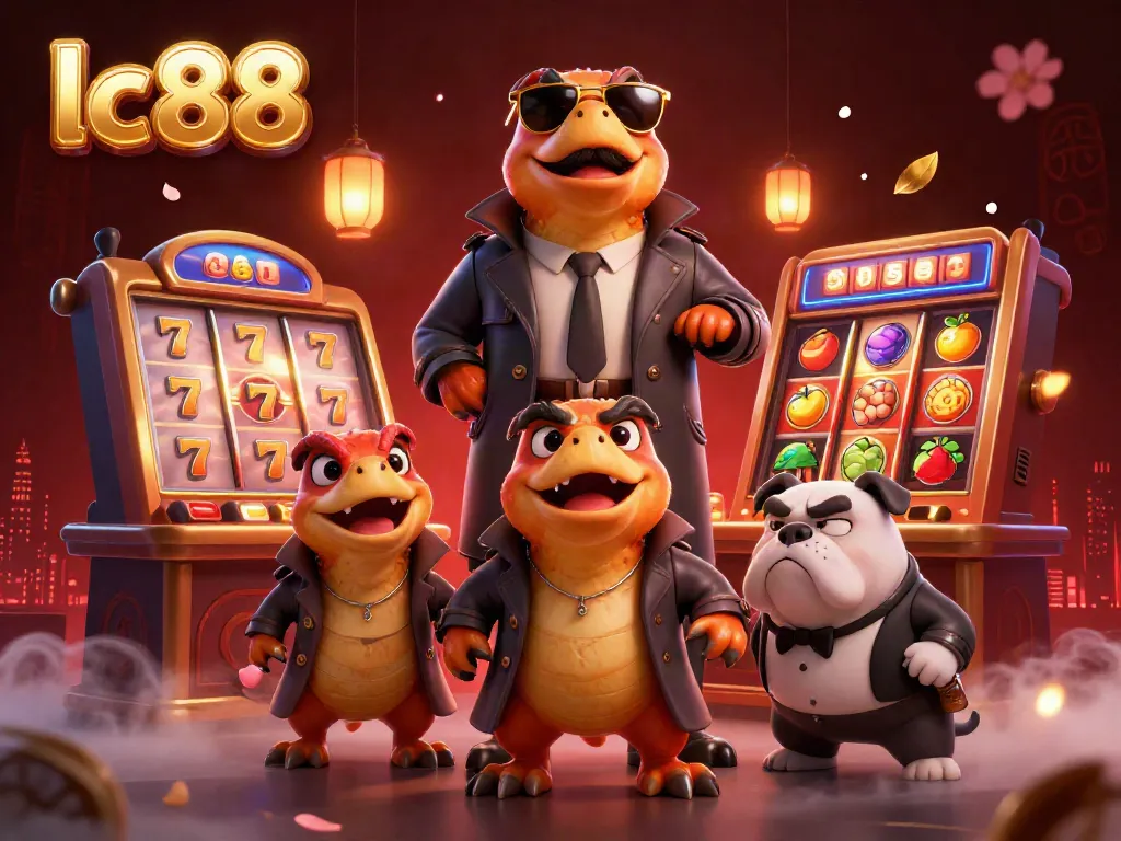 Enter the VIP lounge with lc88 as cartoon raptors aim to deceive a bouncer in a bustling online casino.
