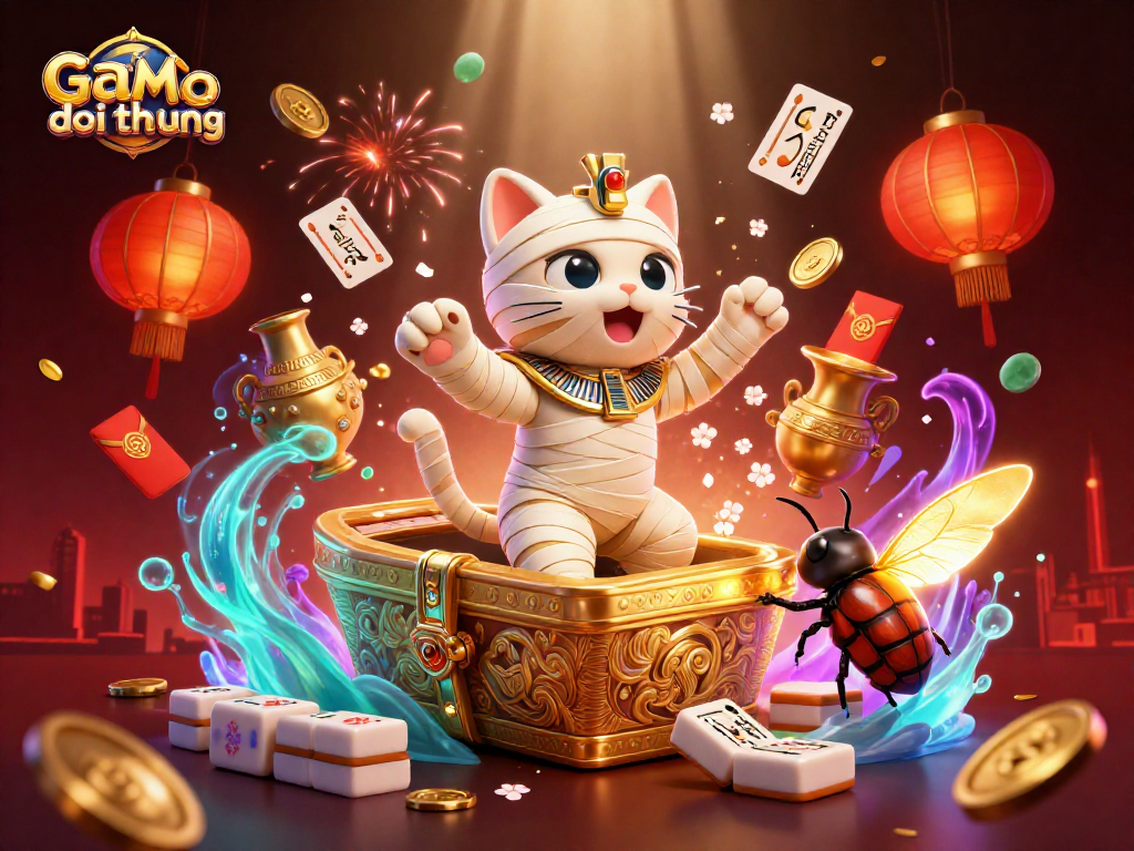 Experience game bai doi thuong with a lively Egyptian mummy cat and a scarab in a casino scene.