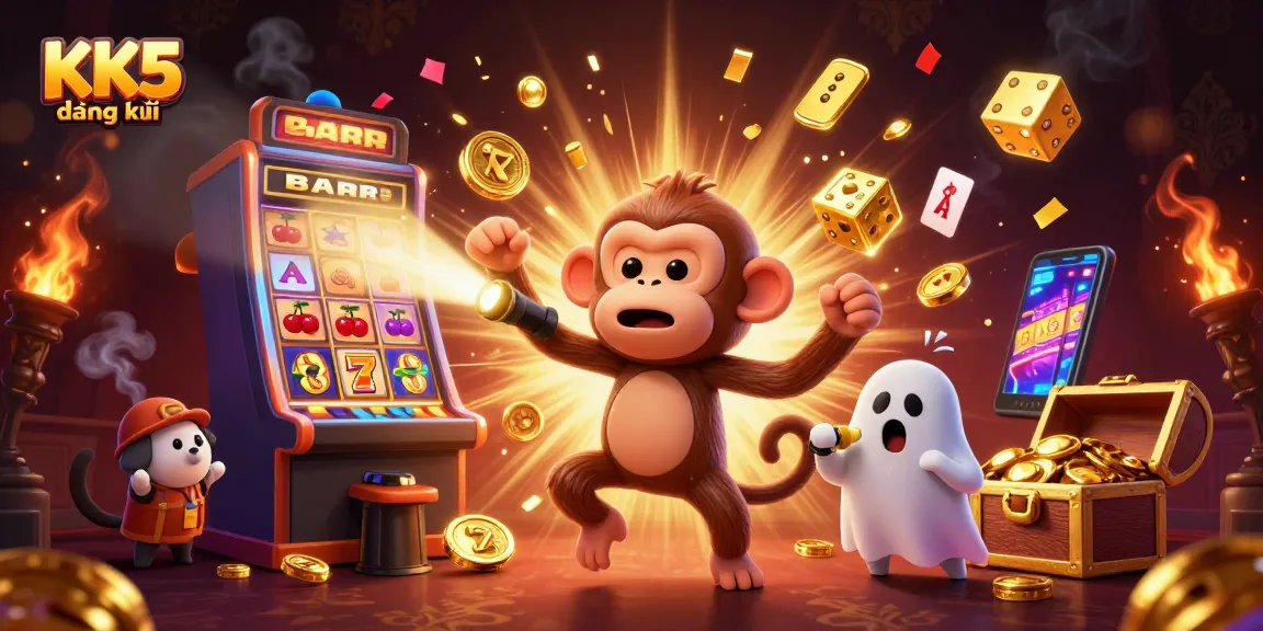 Engaging KK5 đăng ký scene featuring a ghost-hunter puppy and a playful monkey juggling casino elements, with vibrant jackpot visuals.