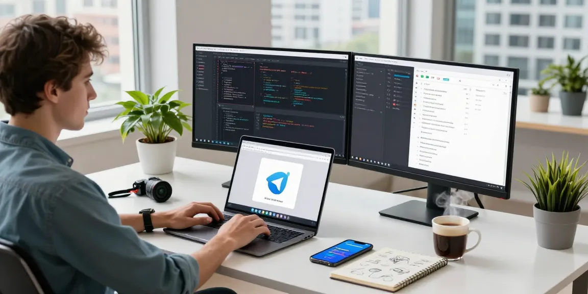 Developer using Telegram Web Version on laptop in dynamic tech workspace with dual monitors and city view.