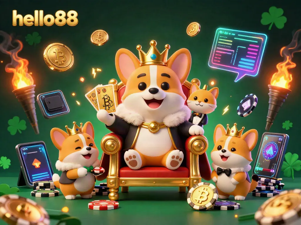 Engage in gaming action at hello88 as a royal corgi oversees a poker night filled with digital treasures.
