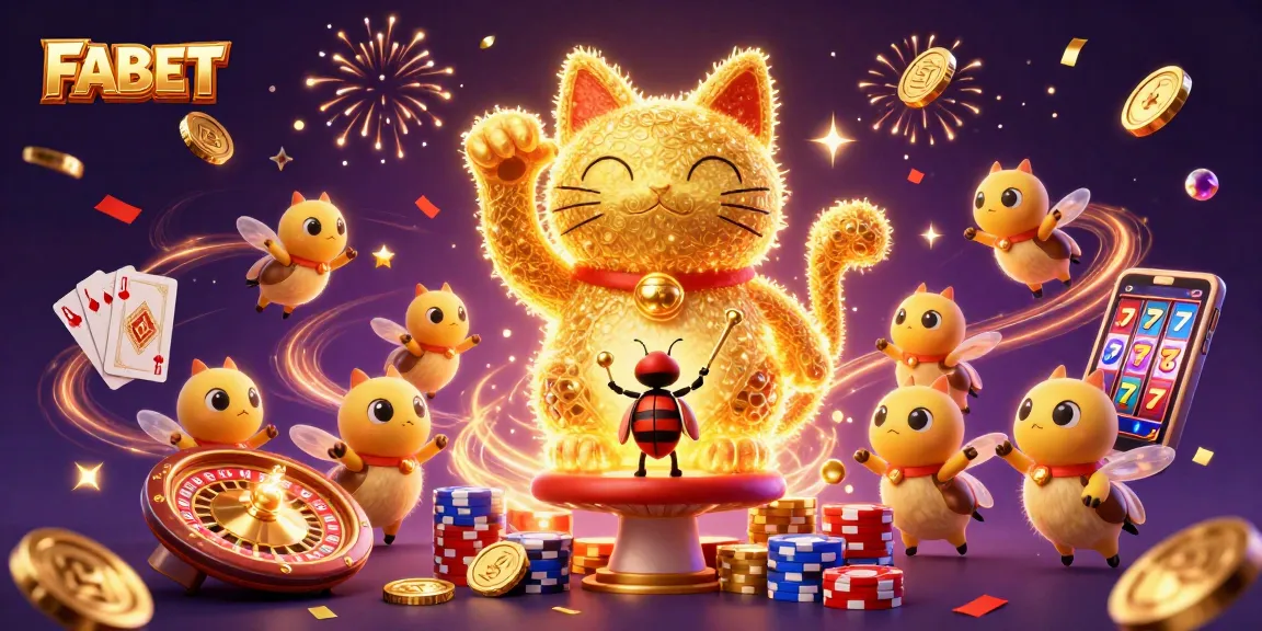 FABET showcases a vibrant scene with luck-themed characters and casino elements, enhancing player excitement.