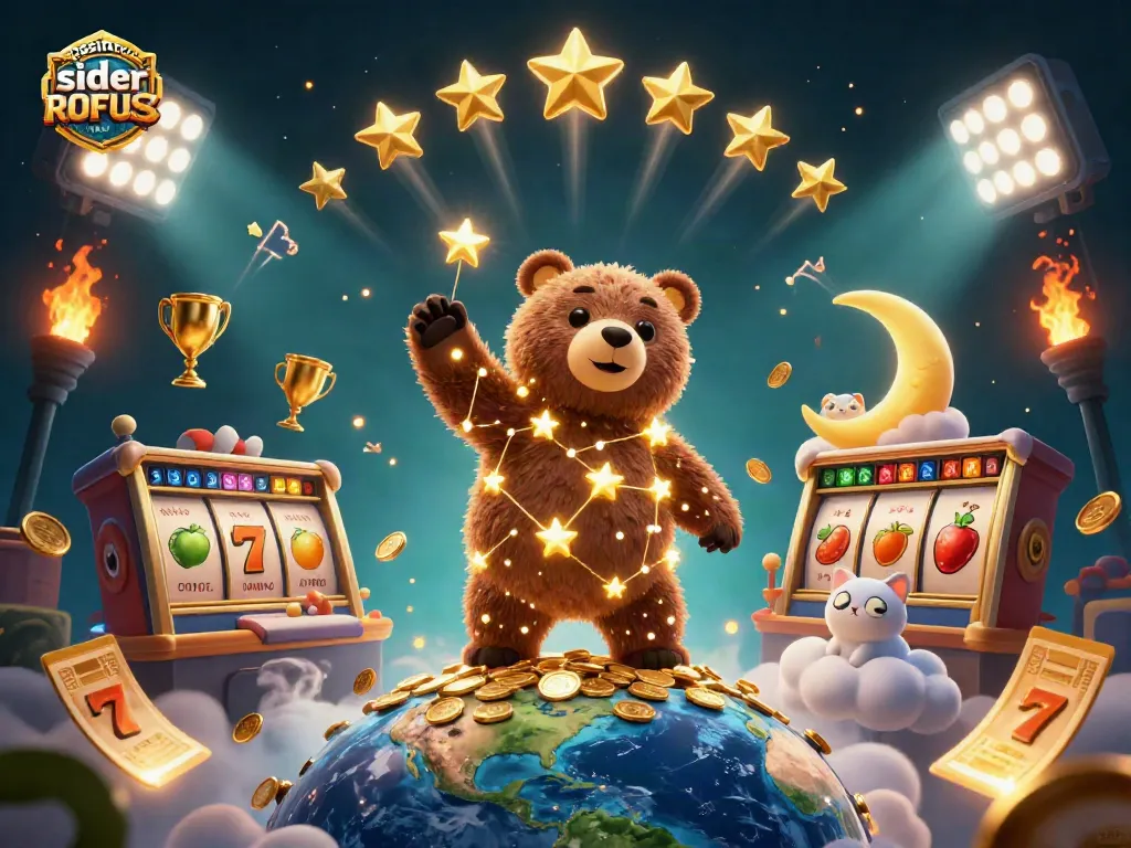 Engage with casino sider uden ROFUS through a vivid 3D scene featuring lively characters and iconic gaming elements.