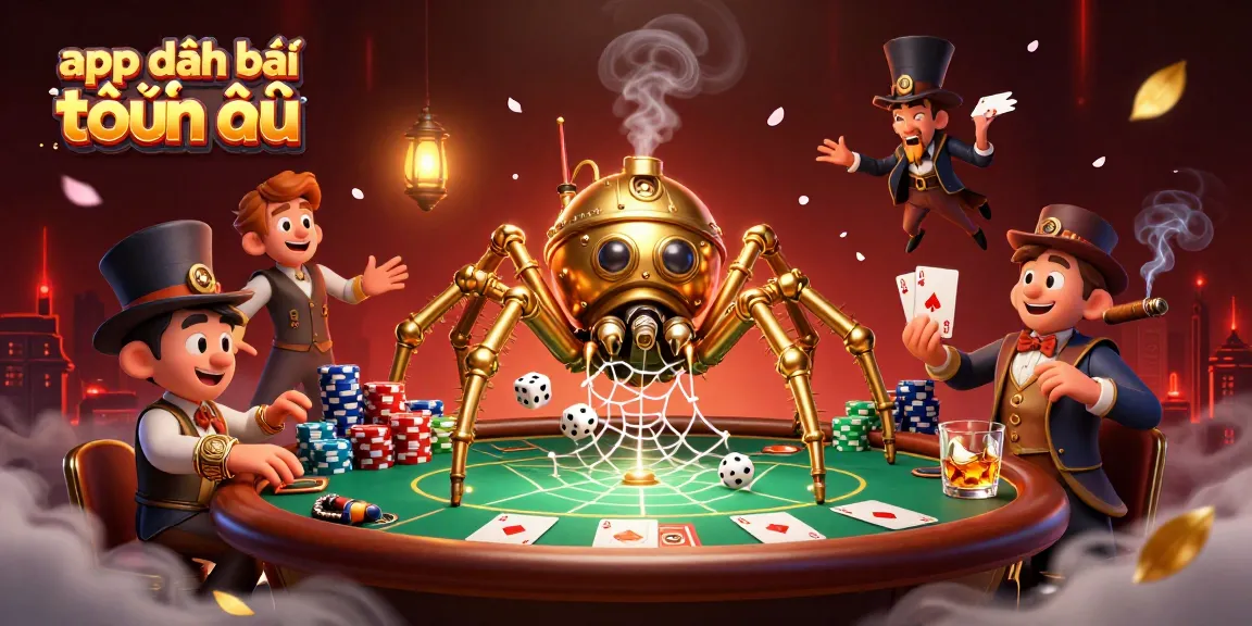 Engage in the thrilling app đánh bài tiến lên with a vibrant visual of a steampunk spider and gaming elements.