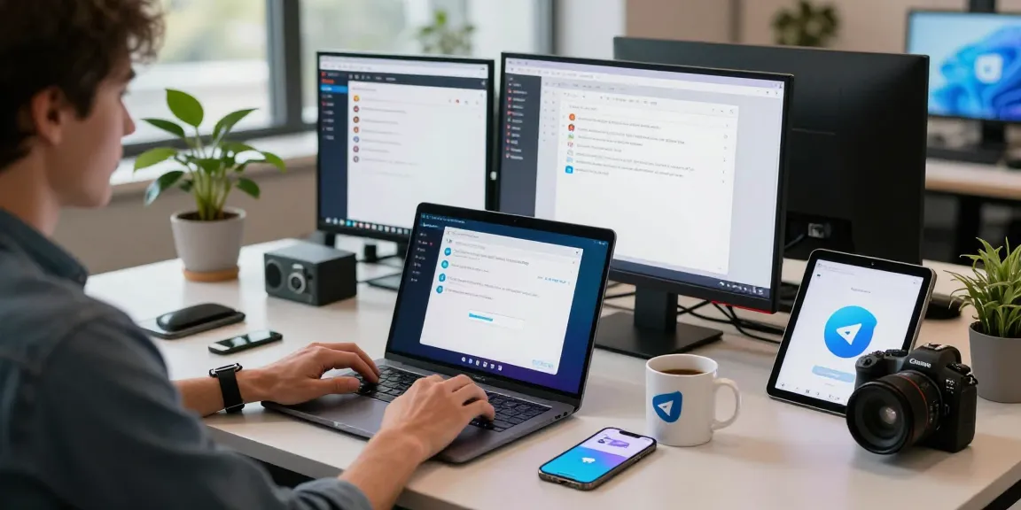 Download Telegram app interface displayed on a laptop in a modern workspace