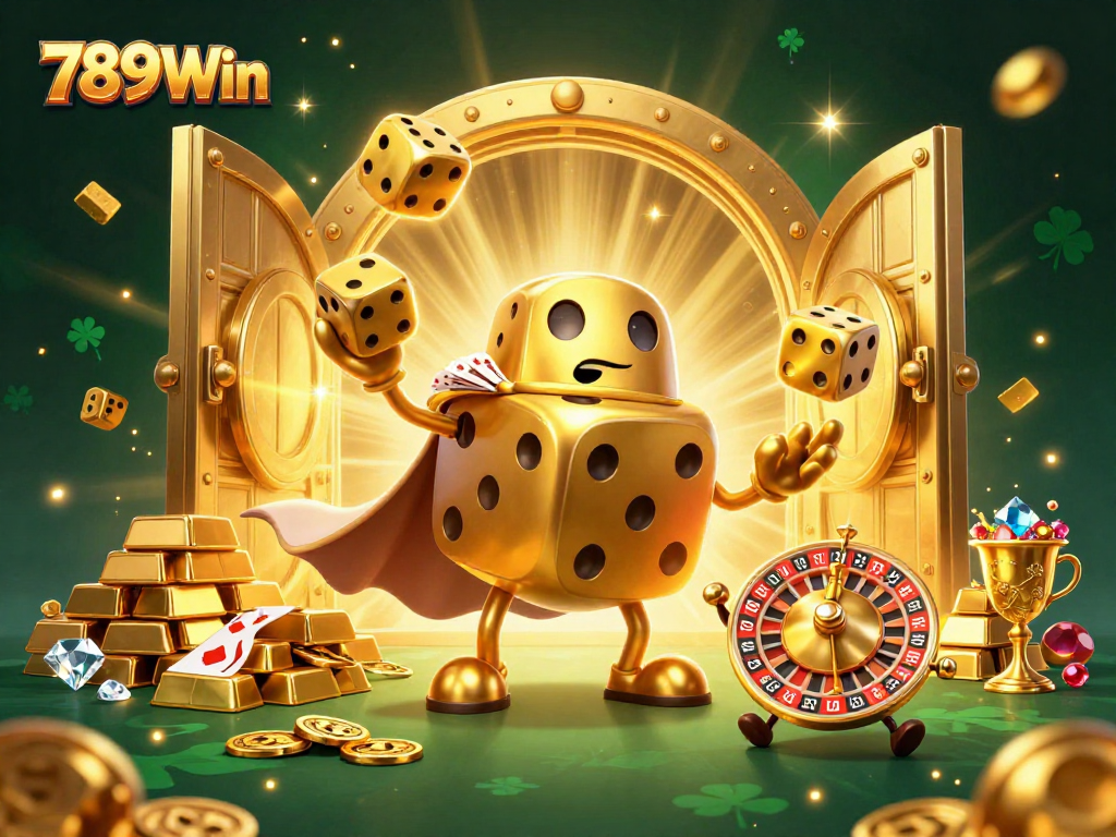 Experience the excitement of 789Win with golden dice characters and treasure in a casino scene.