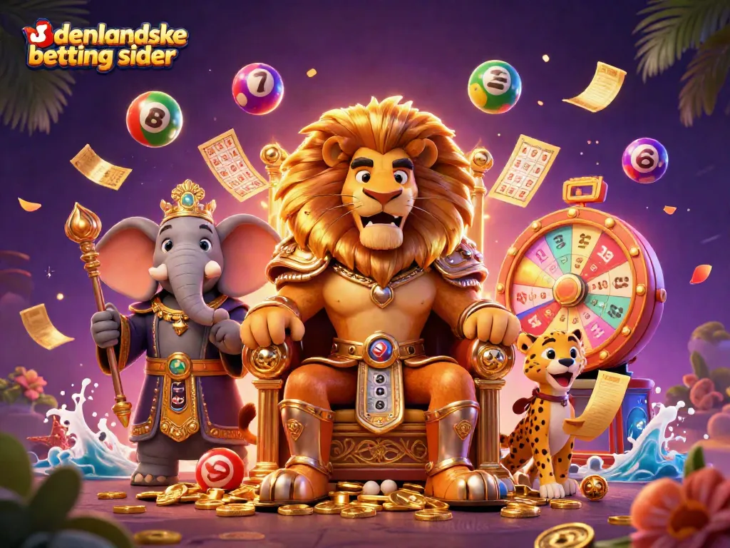 Engaging illustration of udenlandske betting sider featuring a lion king, advisor elephant, and messenger cheetah amidst vibrant gaming elements.