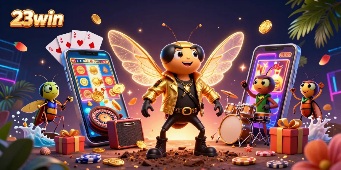 Engage thrill-seeking players with 23win's vibrant casino scene featuring a dynamic rock star in an electric atmosphere.