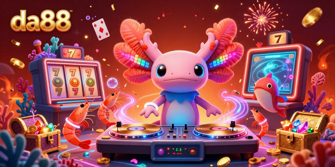 Experience vibrant gameplay at da88 with lively 3D illustrations of a neon axolotl DJ, dancing shrimp, and underwater treasures.