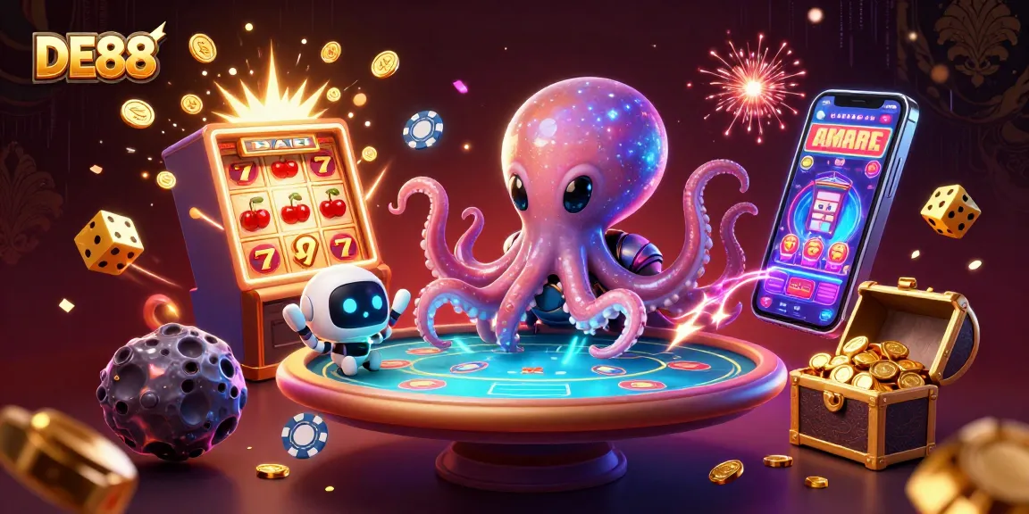 Engage with DE88's thrilling atmosphere as an alien octopus operates an exciting poker game.