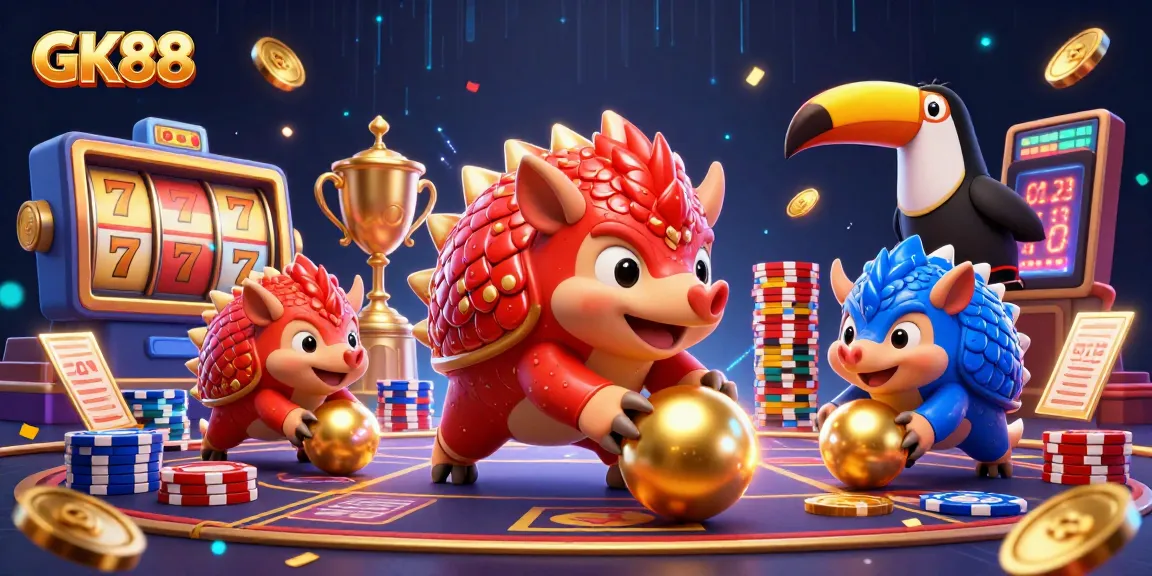 GK88 pangolins bowling through poker chips, capturing the excitement of casino gameplay.