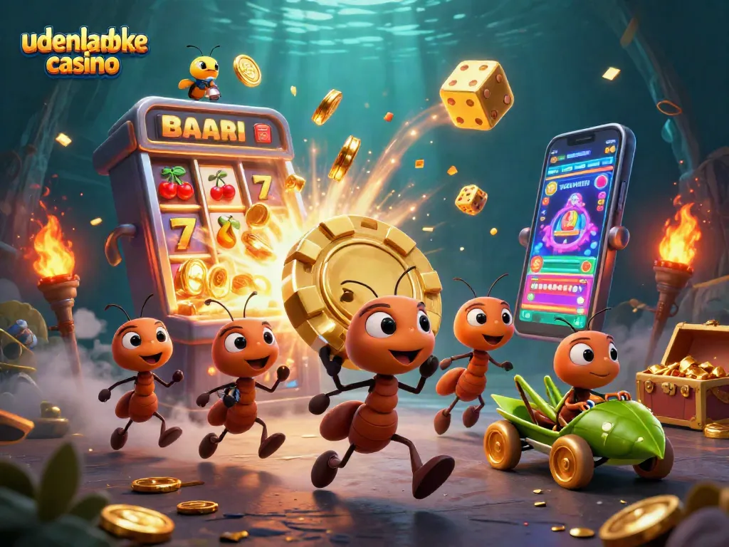 Engage in exciting udenlandske casino adventures with ants on a heist, golden poker chips, and vibrant game elements.