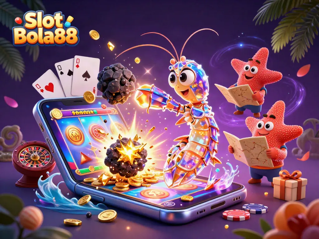 Spin to win with Slot Bola88, featuring galactic characters amidst exploding gems and vibrant casino elements.
