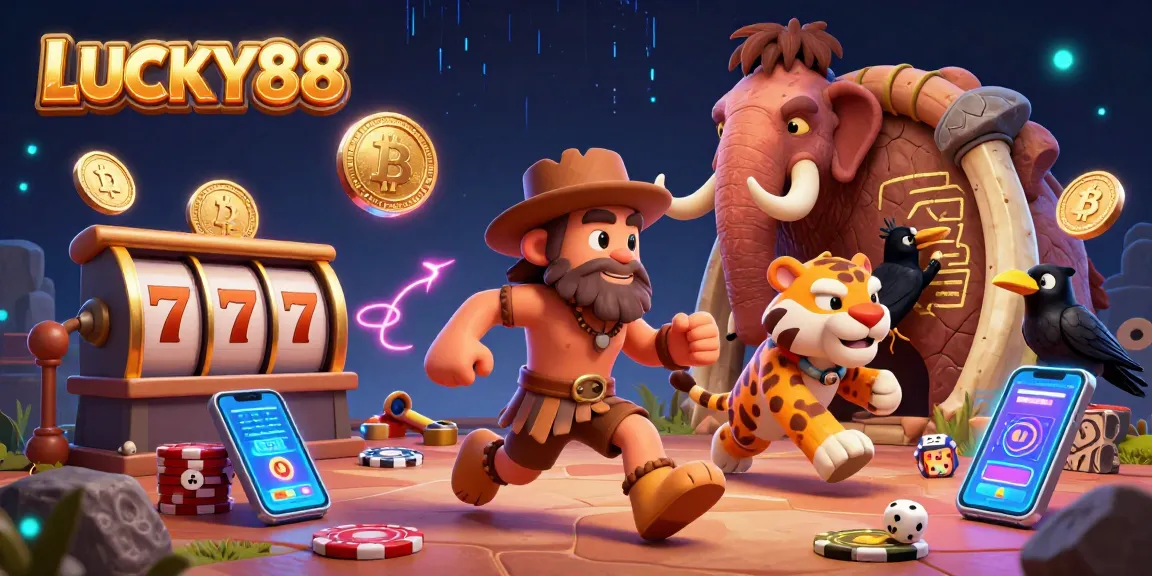 Experience the thrill of LUCKY88 in this vibrant 3D casino scene featuring cavemen and crypto elements.