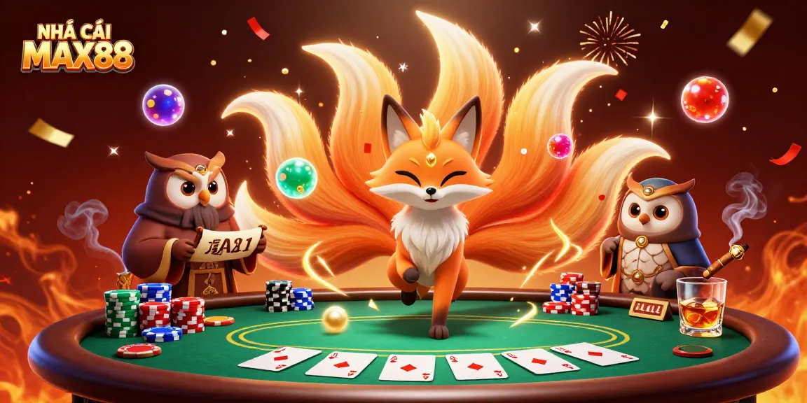 Win big with NHÀ CÁI MAX88 in a vibrant casino scene featuring spirits and poker.