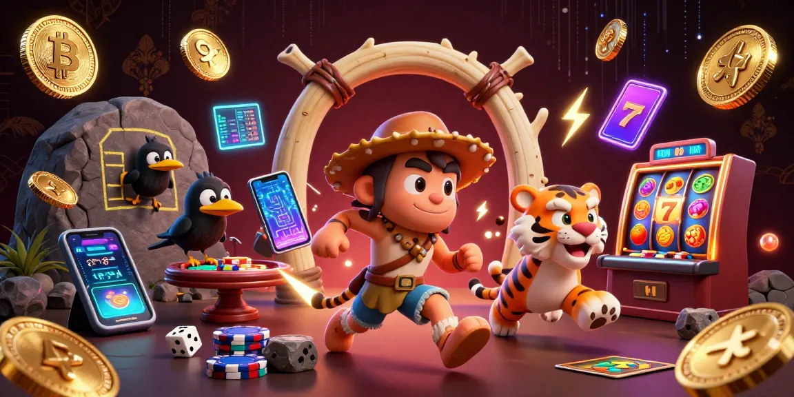 Engage with hubet's thrilling prehistoric casino experience featuring iconic elements like slot machines and poker chips.