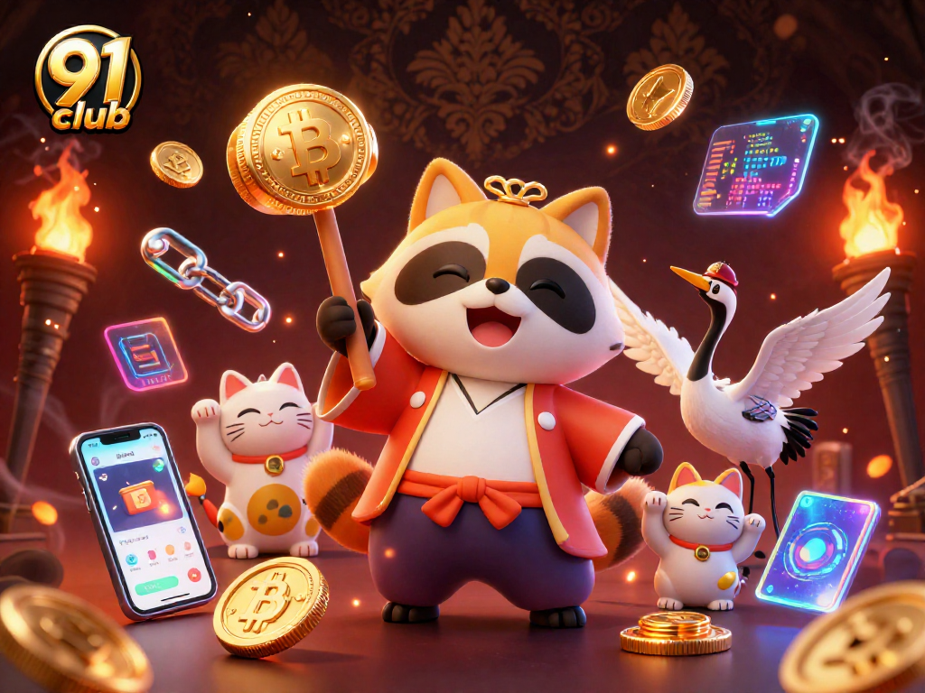 Play vibrant games at 91 club with a charming tanuki, golden mallet, and lucky cats.