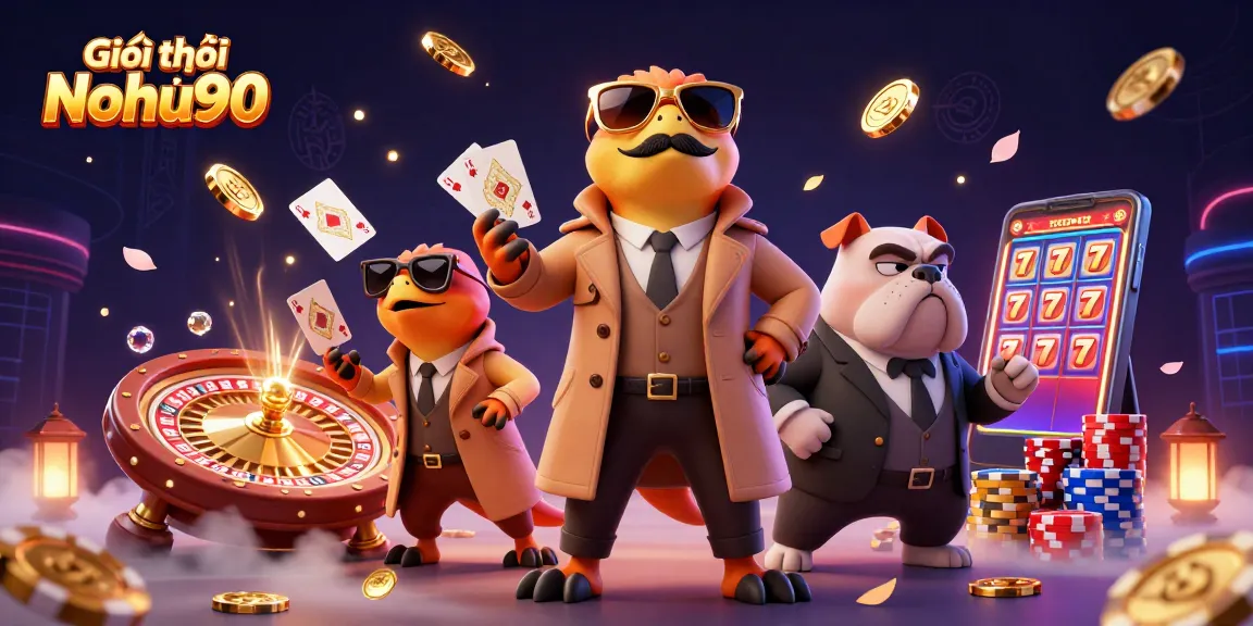 Experience the excitement at Giới thiệu Nohu90, featuring raptors sneaking into a VIP casino with vibrant game elements.