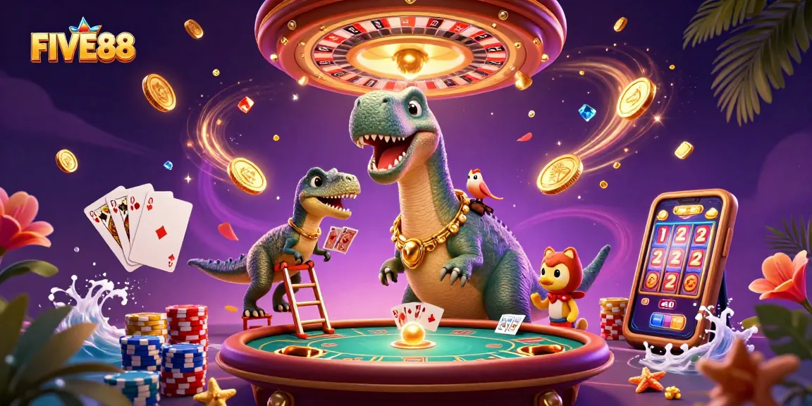 Experience thrilling FIVE88 gaming with a giant brontosaurus dealer and poker excitement.