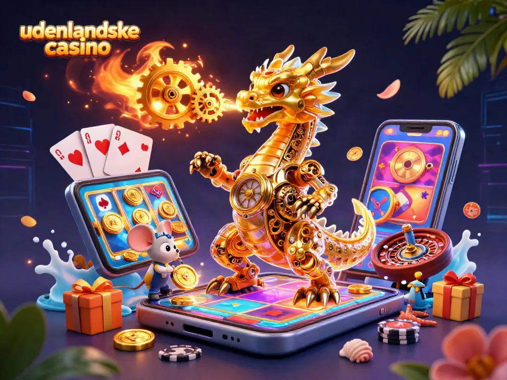 Experience vibrant gambling action at udenlandske casino with a golden dragon, coins, and slots.