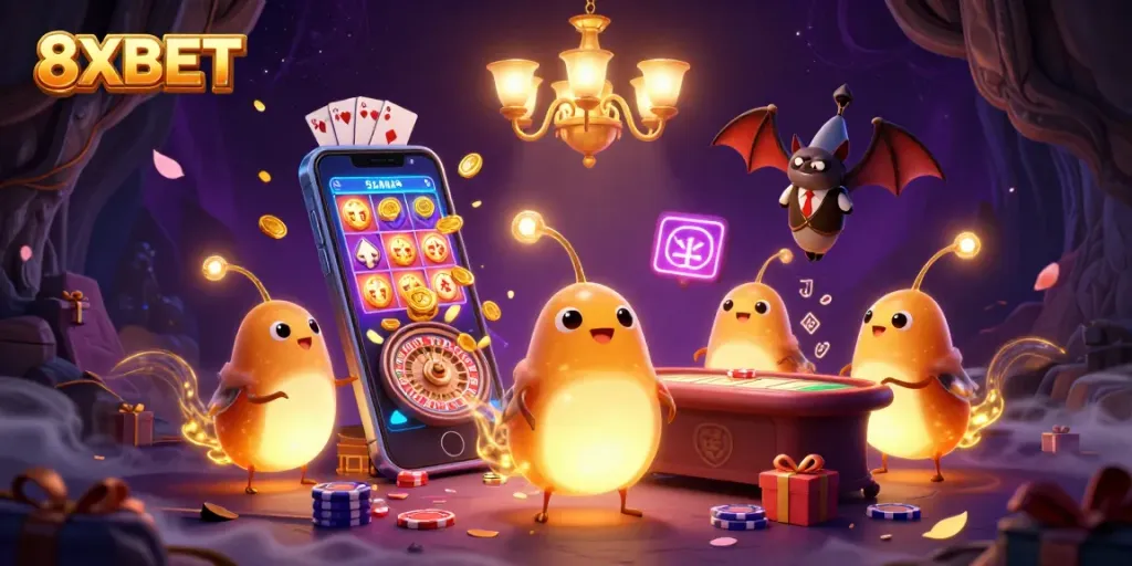 Experience thrilling gaming at 8XBET with a vibrant illustration featuring glowworms in a cave casino.
