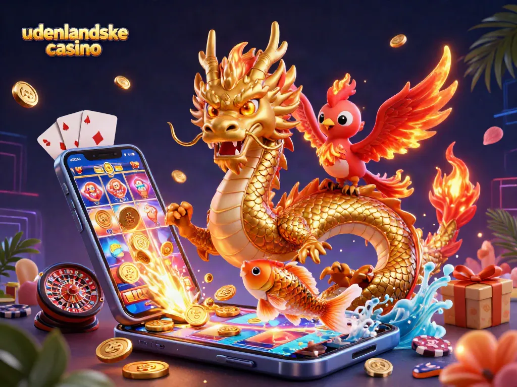 Engage in thrilling gaming action at udenlandske casino with a dragon and phoenix illustration.