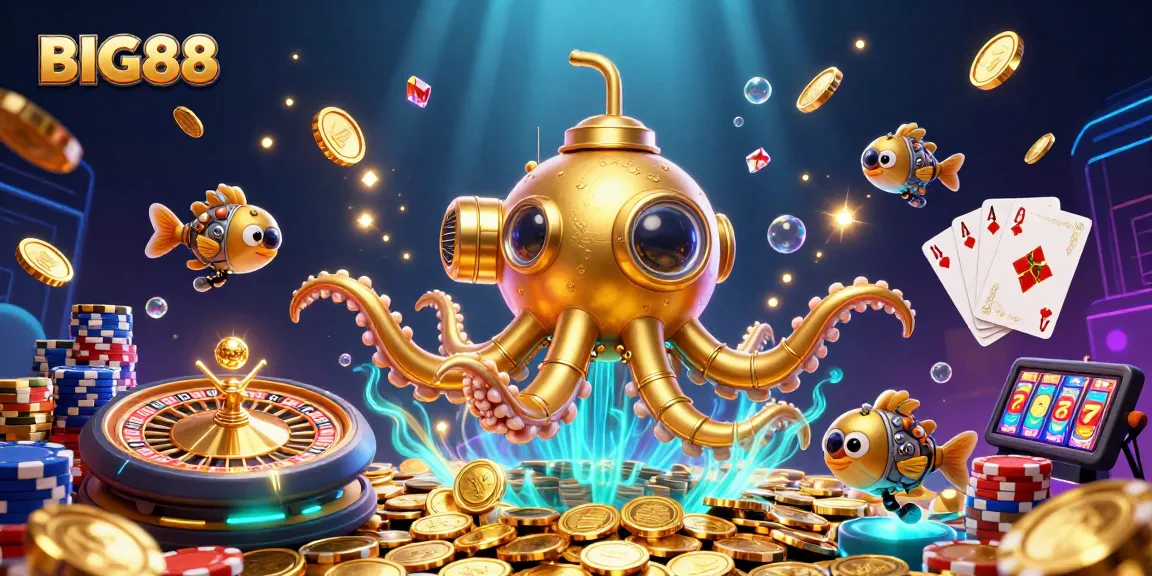 Engage in thrilling games at BIG88, featuring dynamic visuals of a golden kraken submarine amidst a sea of coins.